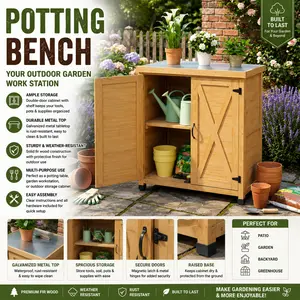 Potting Bench with Storage Cabinet Metal Table Top Outdoor Work Station Table for Patio Garden Yard Backyard Planting Table Gardening Bench Greenhouse Organization Utility Table Tool Organizer Cabinet