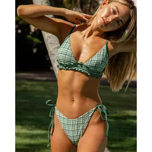 RIHOAS Women's Green Contrast Plaid Slight-Stretch Polyester Bikini Set - Low-Waisted Ruched Knot, Drawstring Strap Neckline, Beach Bathing Suit, Drawstring Bathing Suits