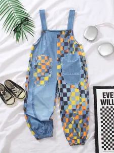 Boys And Girls' Retro Suspenders Pants For Spring, Summer And Autumn Seasons. New Style For Children. Colorful Checkered Patchwork Print With Elastic Cuffs, Resembling Denim. Ideal For Casual, Daily, Outdoor Use. A Great Choice For Gift Giving.
