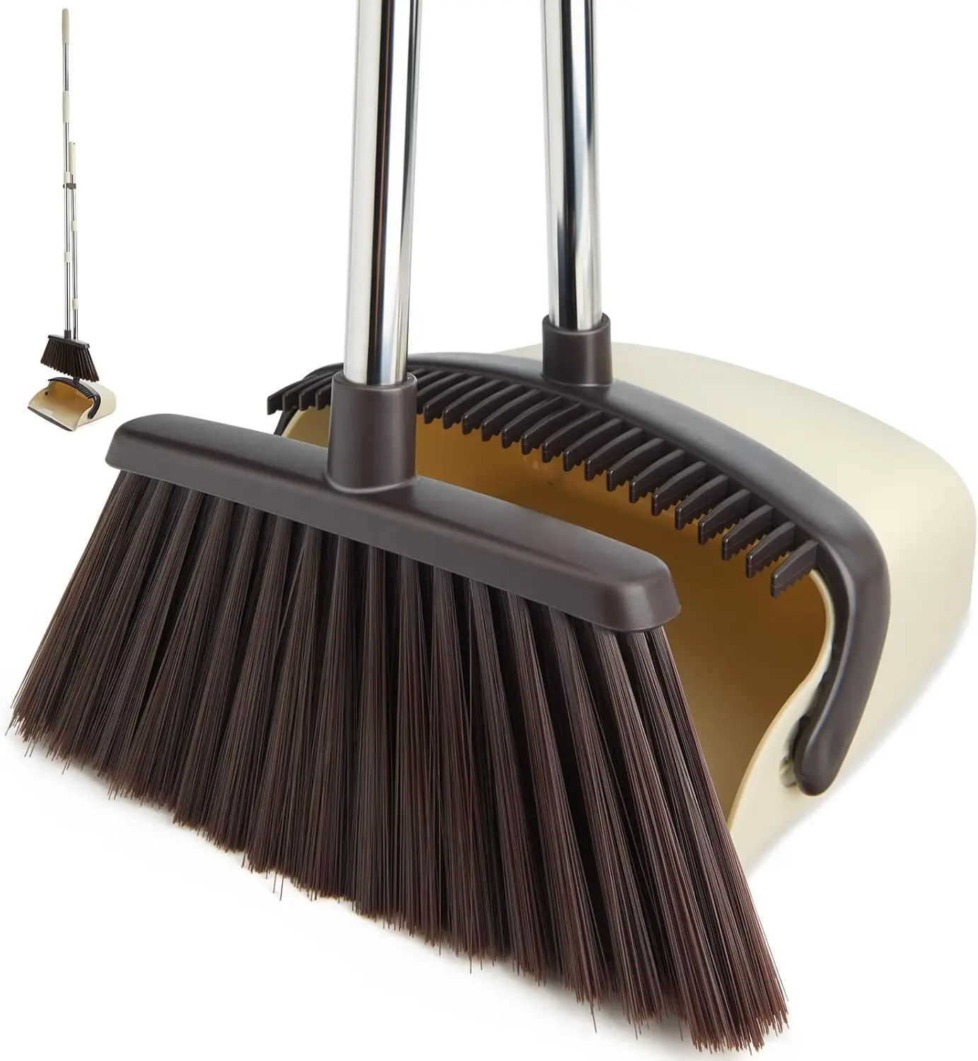 Broom and Dustpan Set with Long Handle, Heavy Dust Broom and Dustpan Combo for HomeKitchen, Office, (Beige)