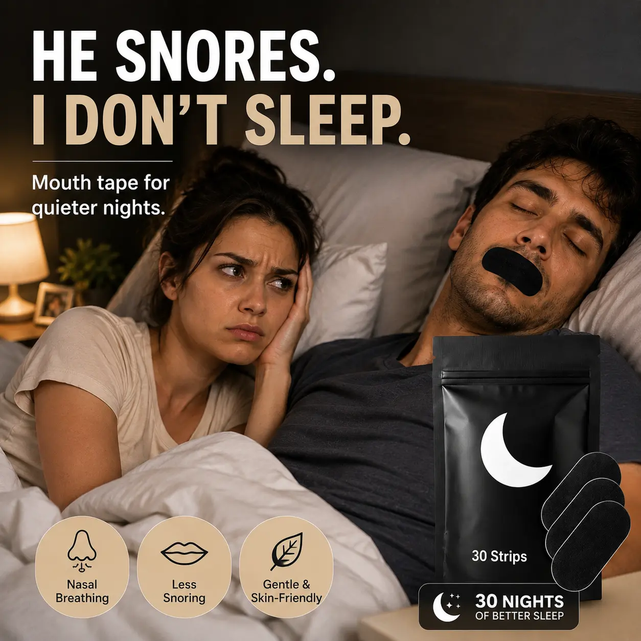 Unisex Breathable Cotton Sleep Mouth Tape for Adults - 30 Strips Sports Tape, Gentle Hypoallergenic Adhesive, No Sticky Residue, Nasal Breathing Aid for Lips, Home & Travel Use, One Size Accessory
