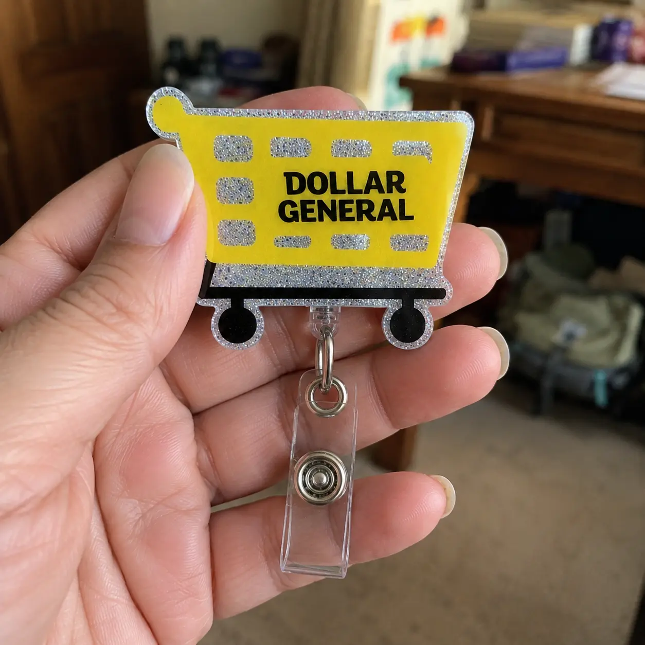 Dollar General Badge Reel - Funny Glossy Seal Cashier Badge Holder with Clip for Retail Grocery Store Employees (Office Identification Supplies), Badge Reels