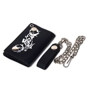 Leatherboss Genuine Leather Men Motorcycle Print Trifold Wallet Chain Biker