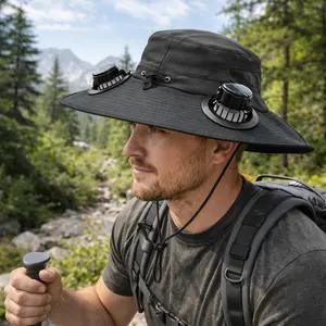 Solar & USB Rechargeable Fan Hat, Wide Brim Sun Protection Hat for Men Women with 2 Built-In Fans, UPF 50+ Breathable Outdoor Fishing Bucket Hat, 3 Speed Hands-Free Cooling Hat for Hiking, Camping, Beach, Golf, Gardening, Farm Work, Travel