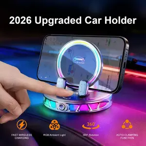 360° Rotating Magnetic Wireless Car Phone Holder with RGB Lights, Super Stable Vacuum Mount, Phone Suction Pad, Compatible with iPhone and Android