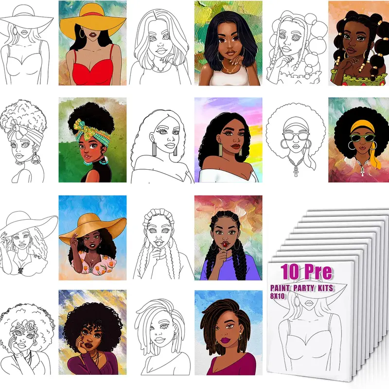 HAGUDAMU Pre-Drawn Pre-Stenciled Cute Colorful Cartoon Character Painting Kit (10-Pack, 8x10 in, Unframed) - Art Drawing Supplies for Adults, Friends & Family Members, Office Art Craft Use (As Picture)