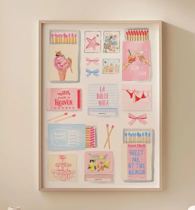 Coastal Hand Painted Matchbox Pastel Poster Vintage Matchbox Print Retro Pink
