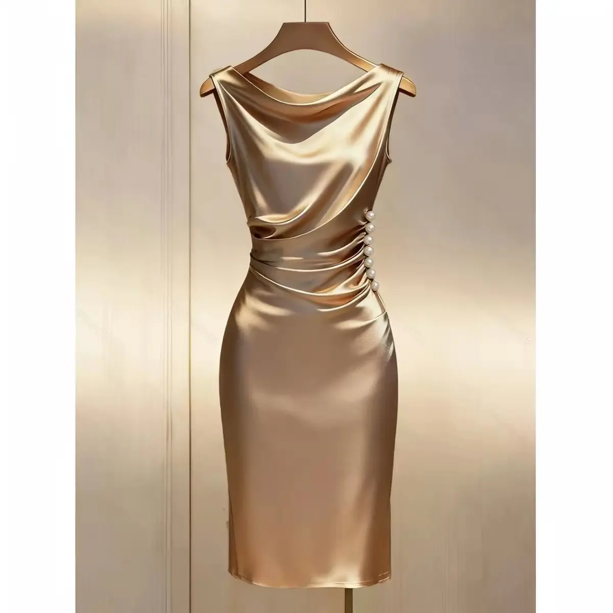 Summer Knit Satin Dress, Champagne Color, Sleeveless, Slim Fit, Elegant Style, Party Dress, Office Wear, Wedding Guest Dress, Birthday Dress YHFF2640