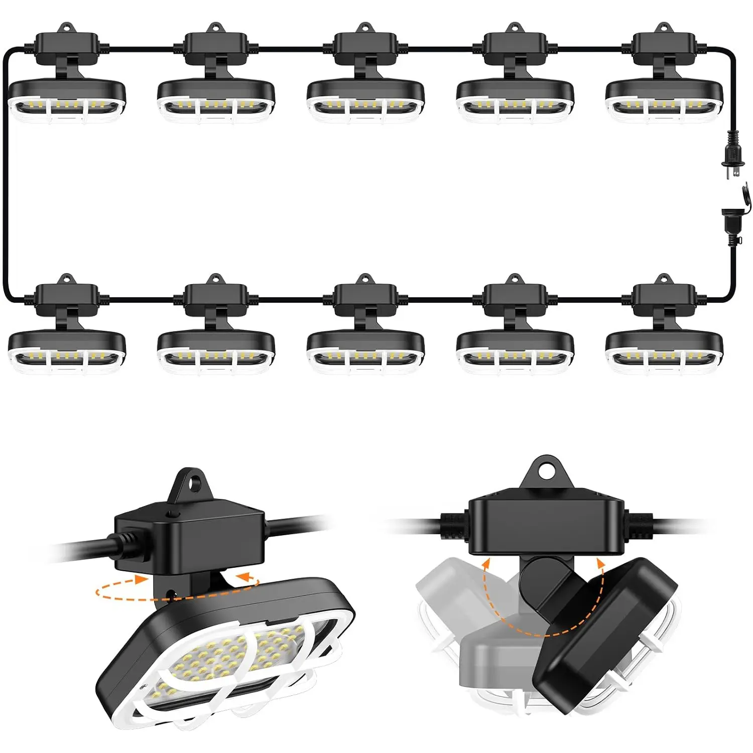 100ft LED Construction String Lights,Super Bright 15000lm 150w Adjuest 90&180 Degrees On Both Sides Waterproof IP66 Led String Work Lights, Construction Temporary Lights (100ft-Adjustable 10lights).