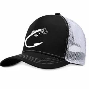 Unisex Fishing Hook Mesh Trucker Hat, Black White Snapback Baseball Cap, Adjustable Breathable Outdoor Sun Hat for Fishing Camping Travel