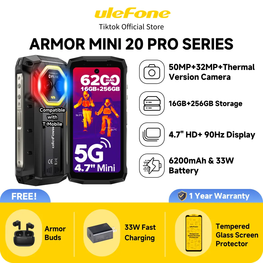 Ulefone Armor Mini 20/20T/20T Pro 5G Rugged Phone, Thermal Imaging 50MP Main Camera, 16GB+256GB MTK Dimensity 6300, 6200mAh(33W), 4.7" HD+ Corning Gorilla Screen, Waterproof, Versatile LED Light, Android 15,Compatible with T-mobile