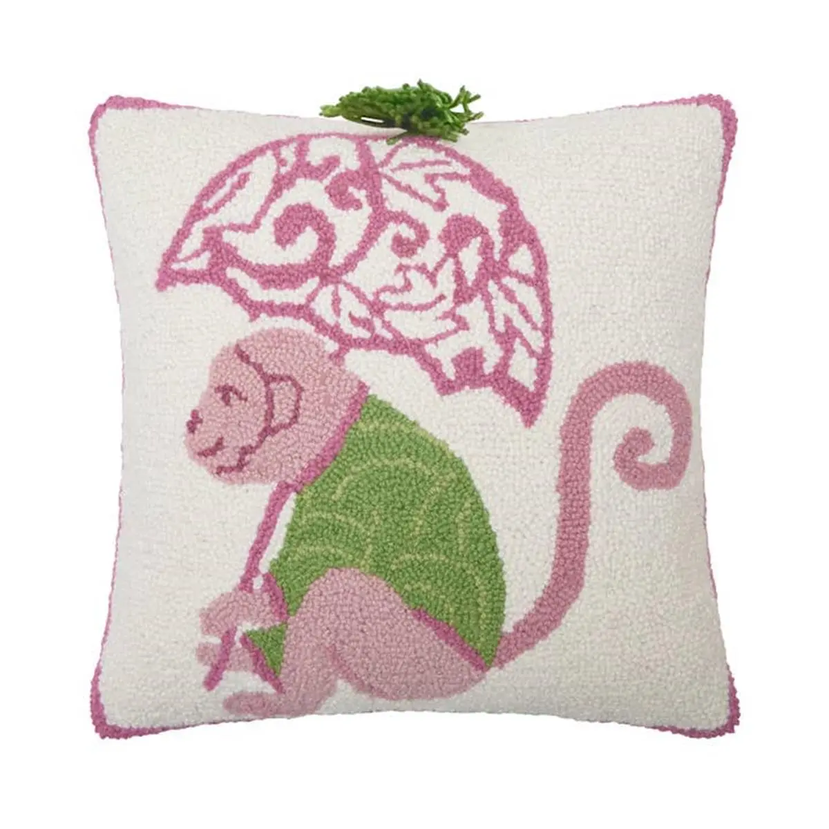 Peking Handicraft Traditional Embroidered Velvet Pillow, 16x16 in, Stylish Patterns, 100% Wool Cover, Poly Fill, Multi-Color, Comfy Chinoiserie Monkey Hook Design for Interior Decor