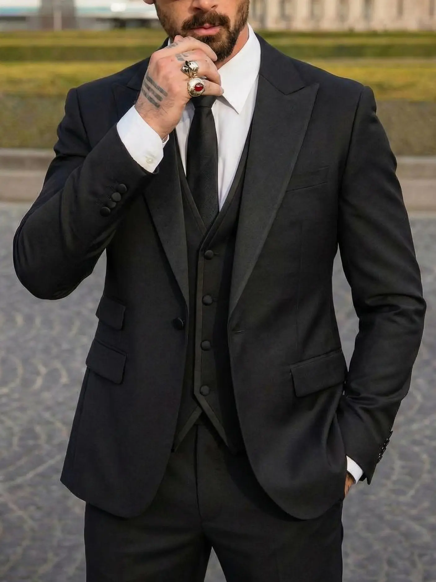Men's 3-Piece Tuxedo Set-One Button Shawl Collar Solid Jacket, Vest & Pants for Groom, Party & Casual Events Wedding Tuxedo SpringStatements