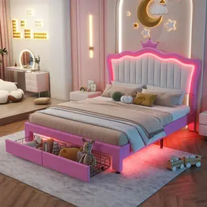 [Bellemave]Twin/Full Size Upholstered Bed Frame with LED Lights, Modern Upholstered Princess Bed with Crown Headboard, 2 Drawers, Pink+White