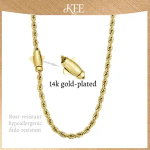 14K Real Gold-Plated Oval Twisted Rope Cuban Chain Necklace Waterproof Fade-Proof Hypoallergenic 6mm Width Delicate Choker Necklace Gold Jewelry for Women Men