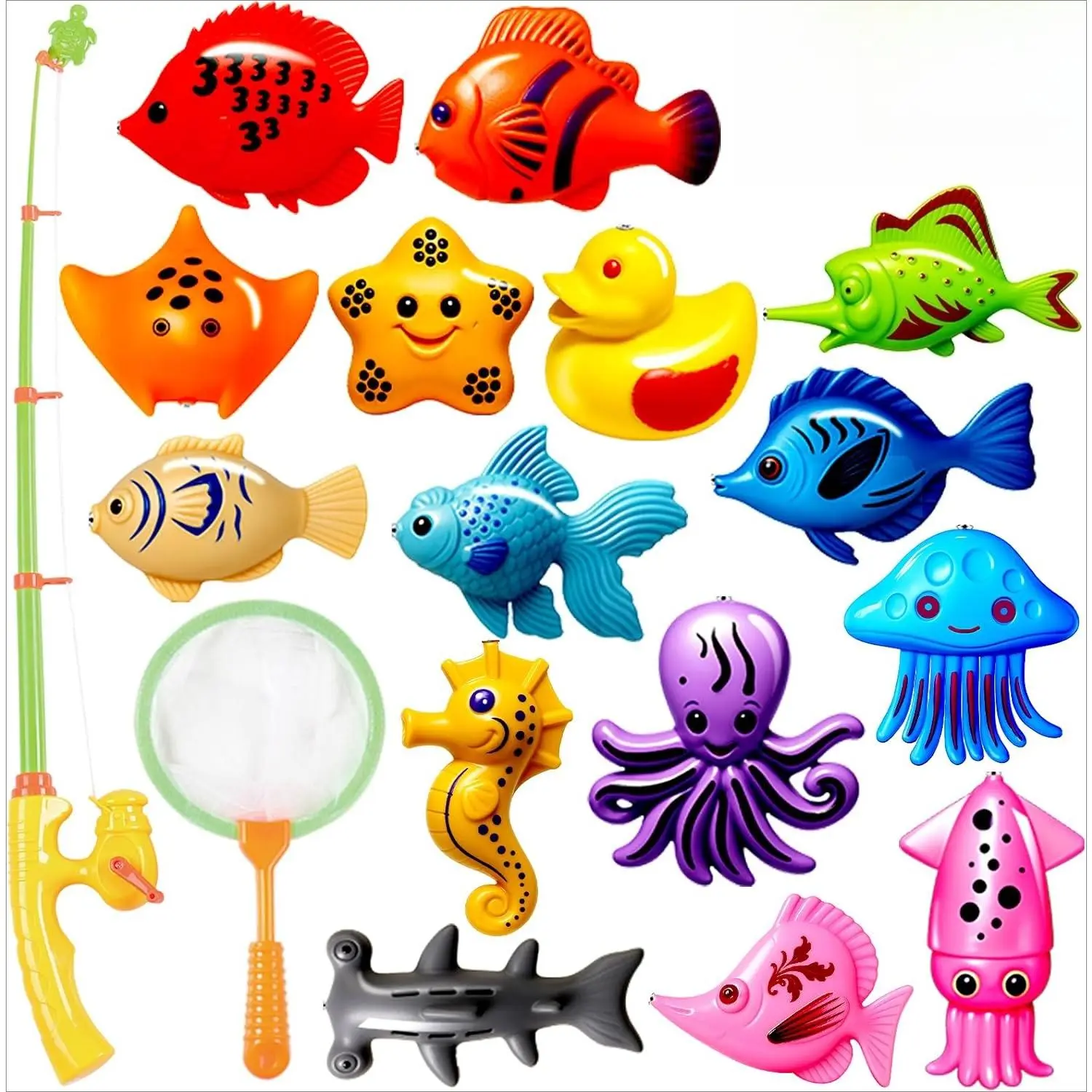 P-TBT03 Kids Magnetic Fishing Bath & Pool Toy Set - Magnetic Pole, Rod, Net, Rubber Floating Fish, Math & Color Learning Educational Toy for 3-6 Year Old Boys and Girls (Role Pretend Play, Birthday Gift for Age 3 4 5 6 Year Kids)
