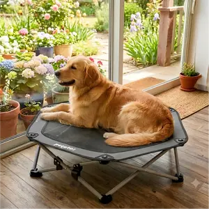 Pecute Elevated Dog Bed with Cooling Blanket - Foldable Portable Steel Frame, Breathable Plain Mesh, 60kg Weight Capacity for Small Dogs, Patio & Camping Outdoor Pet Cot Poodle