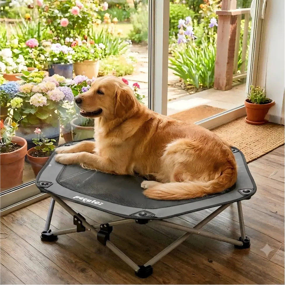 Pecute Elevated Dog Bed with Cooling Blanket - Foldable Portable Steel Frame, Breathable Plain Mesh, 60kg Weight Capacity for Small Dogs, Patio & Camping Outdoor Pet Cot Poodle, Anti-Slip Feet, Detachable