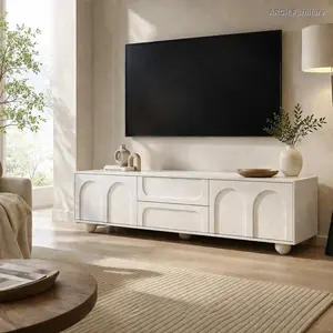 Cream Minimalist TV Stand with Arched Doors, 2 Drawers, Rebound Device & 5 Iron Round Legs, On-Trend Arch Entertainment Center for 75" TVs, Suitable for Living Room, Bedroom, White, Tv Stand With Storage, Tv Console Cabinet