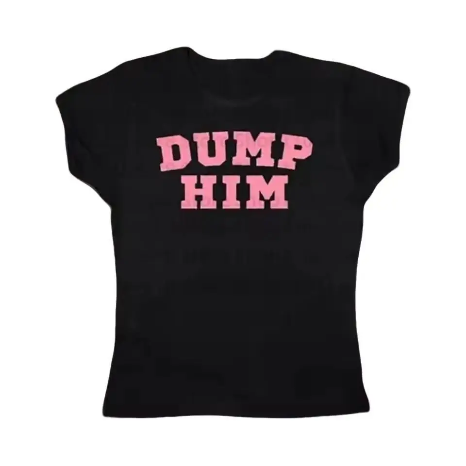 Dump Him Letter Gothic T-shirt High Street Sexy Tees Harajuku Short Sleeve Top Fairy Grunge Skinny Tops Y2k Clothes Emo Baby Tee