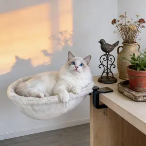 Cat Table Hammock with rotatable design for desktop use. Upgraded clamps with soft sponge pad, supports up to 45 lbs. Soft, sturdy and cozy indoor bed for cats.