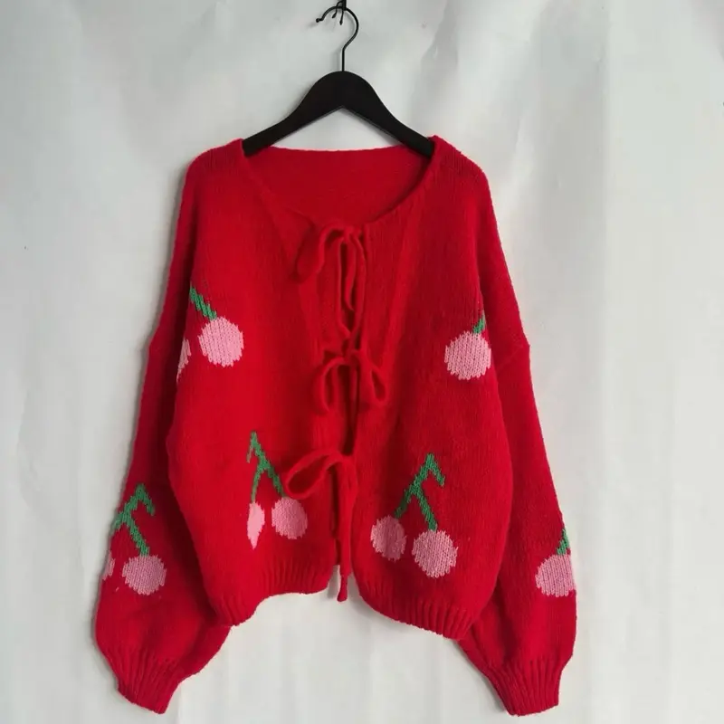 Cherry Sweater - Red Knitwear with Cherry Embroidery, Long Sleeve, Regular Fit, Casual Style for All Seasons