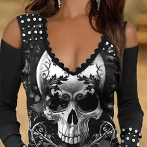 Women's Low-Cut Skull Print Cold-Shoulder Tshirt - Knitted Polyester Fabric, Lace Accents, Short/Longsleeves, Casual Streetwear Fit, Spring Sports & Outdoor Women's Clothes MY453