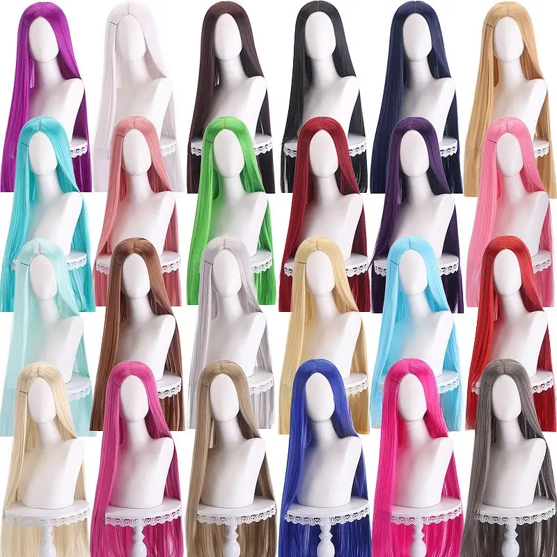 New Long Straight Cosplay Wig 100cm Centre Parting Central Split Blond Pink Red Purple Heat Resistant Synthetic Hair Wigs
