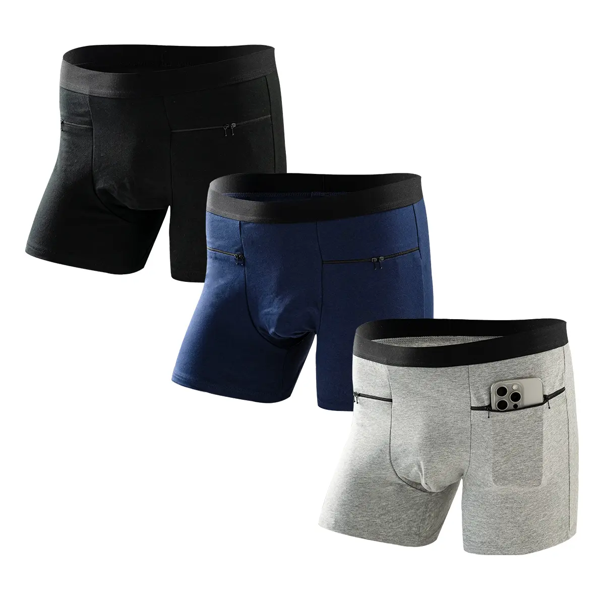 Men's Two-Pocket Boxer Briefs Hidden Storage Premium Cotton Moisture-Wicking Underwear 3 Pack