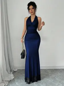 ARTYOTI Elegant Bodycon Fishtail Hem V-Neck Waist Pleated Knit Mesh With Rose Red Lining Long Dress For Women, Autumn/Winter Fall Cloth For Women