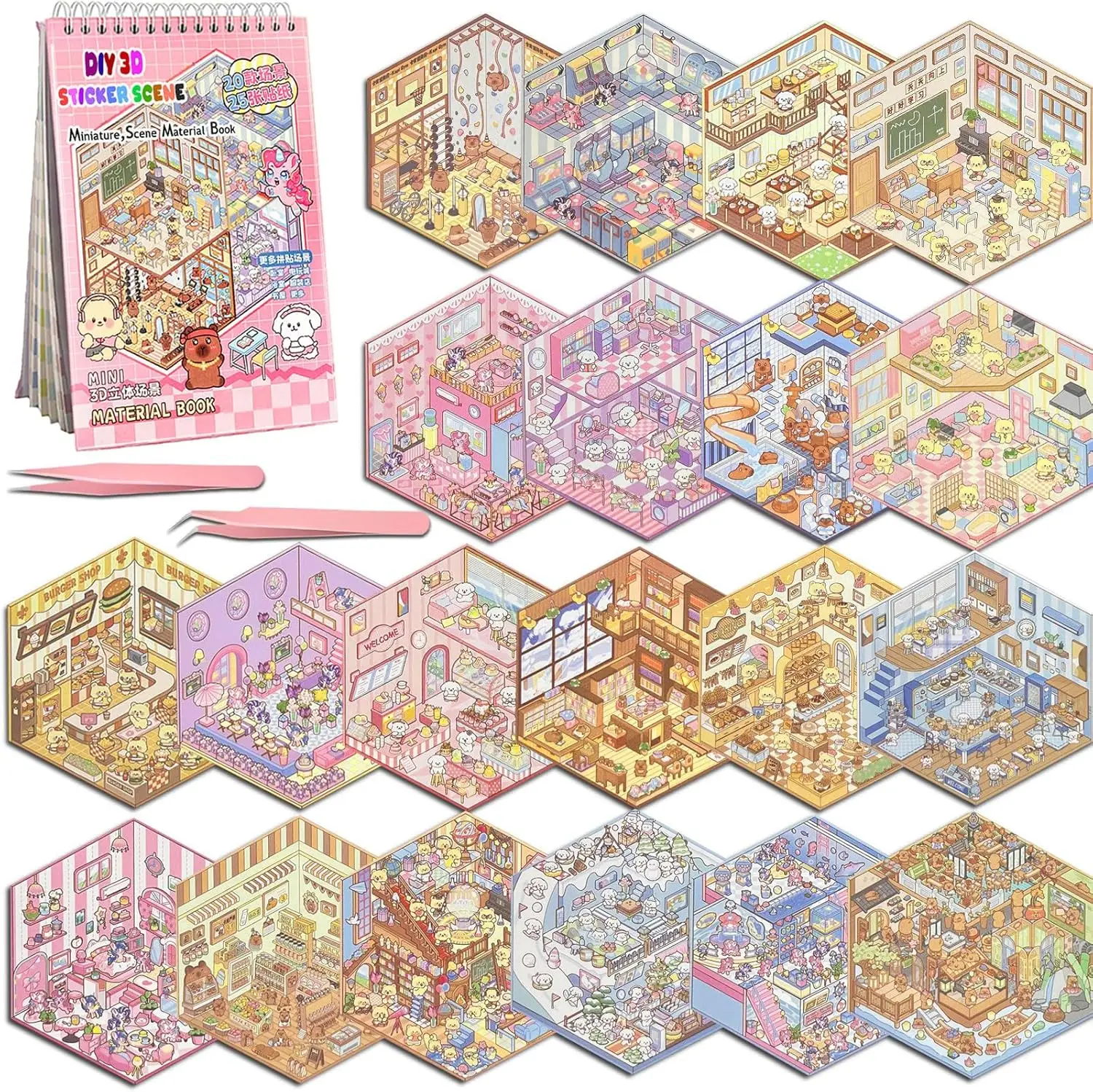 Miniature Scene Dly Sticker Book, 20 Sets DIY 3D Sticker Scene Sticker, Cute Cartoon Creative Sticker, Make Your Own House Sticker for Scrapbooking &