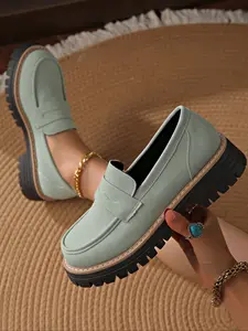 Women's Loafers, Chunky-Sole Wedge Heel Slip-on Walking Shoes, Female Daily-Wear Round Toe, Retro Work Shoes, All-Match Campus Casual, Soft Soled Platform, Flatform, Rubber, Breathable Leather Footwear, Green Loafers