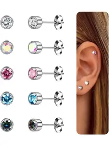 5 Pairs G23 Titanium Stud Earrings, Hypoallergenic Surgical Steel, Cz Cartilage Earrings, Cubic Zirconia Sleeper Studs, Stud Earrings Jewelry, Gifts for Her