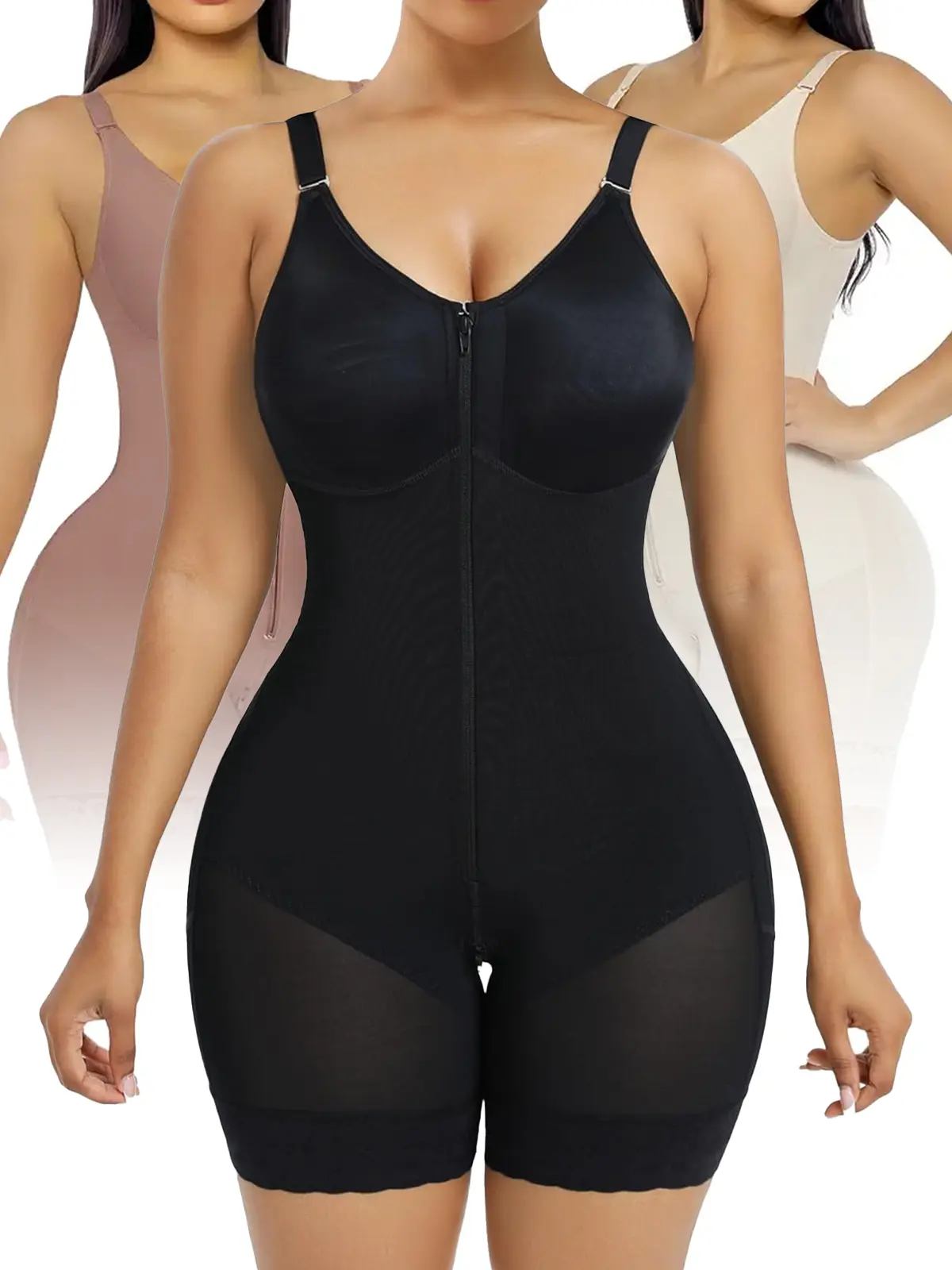 Shapewear for Women Tummy Control Bodysuits Zip-Up Women Faja Body Shaper Comfortable Fit Butt Lifter Shaper with Zipper Tummy Control Bodysuits Crotch Detachable Shoulder Strap Ultra Stretch Fabric Customizable Fit Zip-Up Comfort Breathable Black Womensw