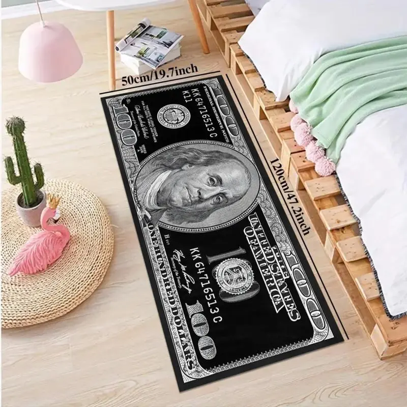Black Vintage 100 Dollar Bills Non-Slip Runner Rug, Benjamin Franklin Money Theme Hip Hop Decorative Rug for Bedroom & Man Caves Home Decor, Rugs For Bedroom
