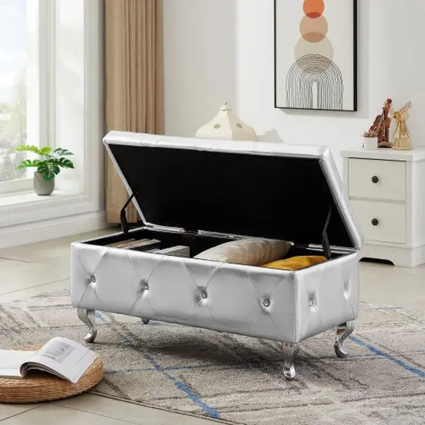 [Bellemave]Upholstered Storage Ottoman Bench For Bedroom End Of Bed Faux Leather Rectangular Storage Benches Footrest With Crystal Buttons For Living Room Entryway