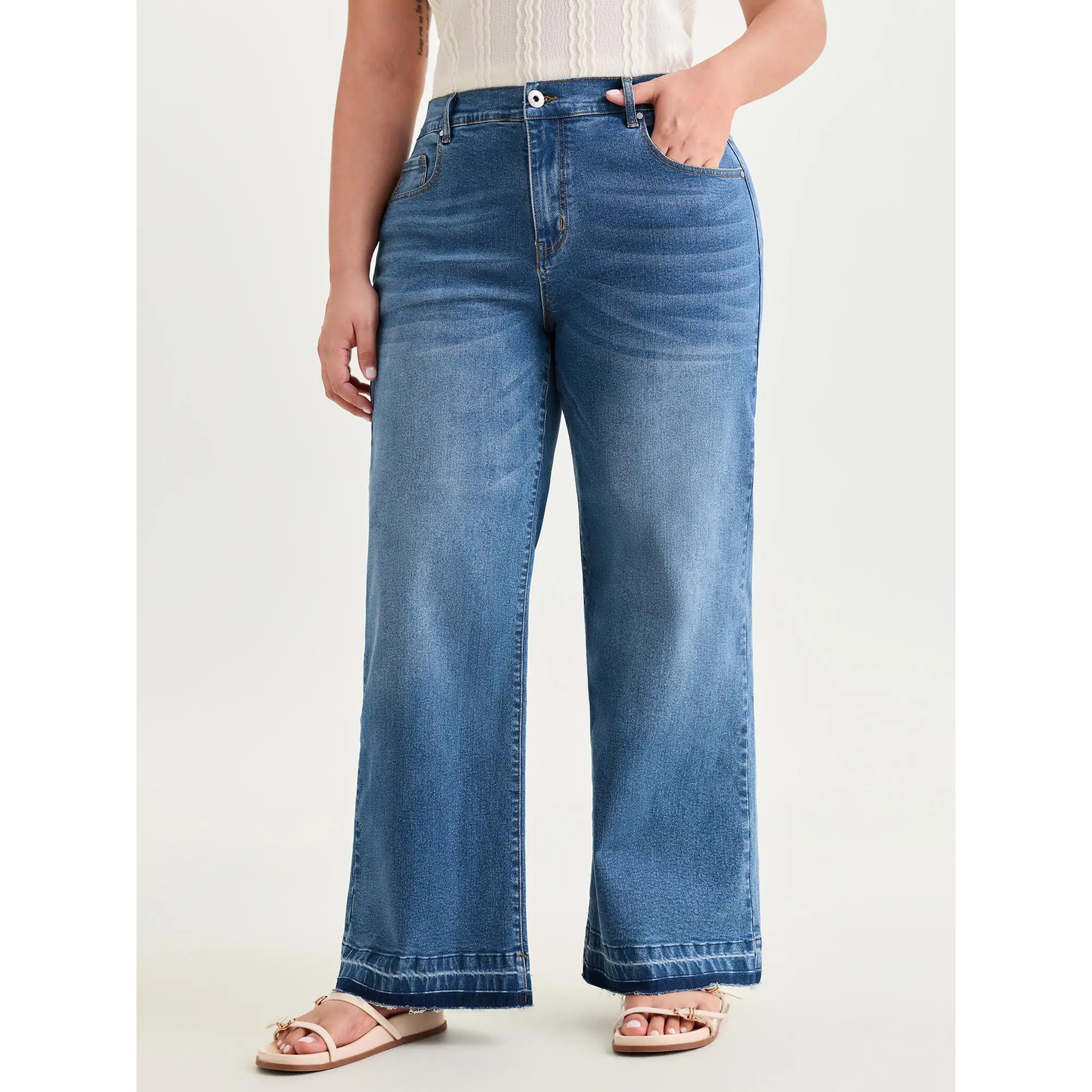 BloomChic Women's Plus Size Stretch Flared Jeans, Relaxed Fit Wide Leg Cotton-Spandex Denim with Elastic Waist and Pockets, Garment, Fabric, Bottoms, Low Iron, Pants, Plus Size Clothes, Stretch Denim, Cotton Blend, Elastane, Flared Legs