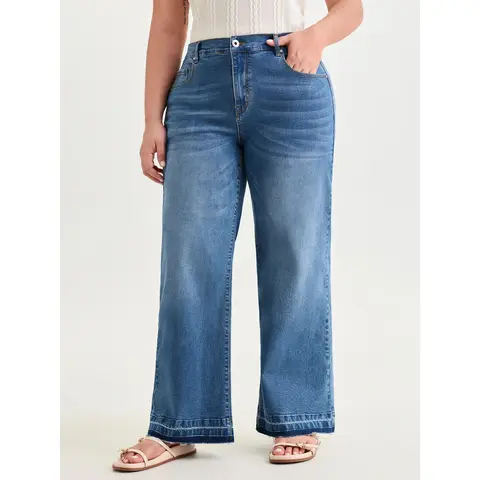 BloomChic Stretchy Back Elastic Waist Wide Leg Jeans 【M-6XL】