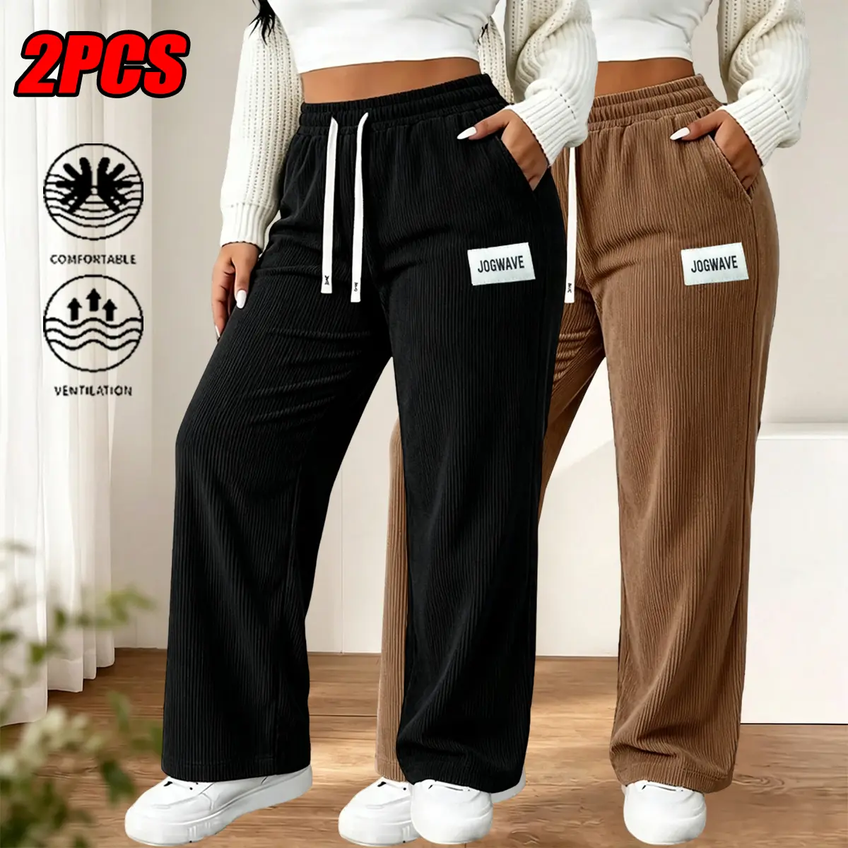 2‑Pack Back to School Outfits Plus‑Size Corduroy Wide‑Leg Pants, Minimalist Basic Drawstring Trousers for College Campus Daily Wear