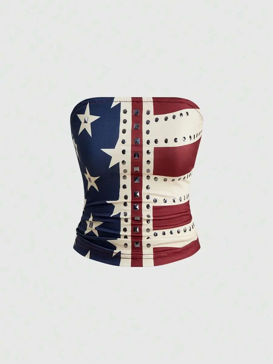 NANCY Grunge Punk Women Y2K Retro American Flag Independence Day Print Rivet Studded  Bandeau Top