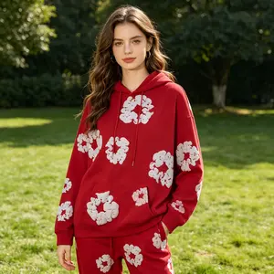 Denim Tears Men's Casual Tracksuit, 3D Foam Floral Print Hoodie and Jogger Pants Set, Hip Hop Streetwear Outfit for Men, Gray, S-3XL