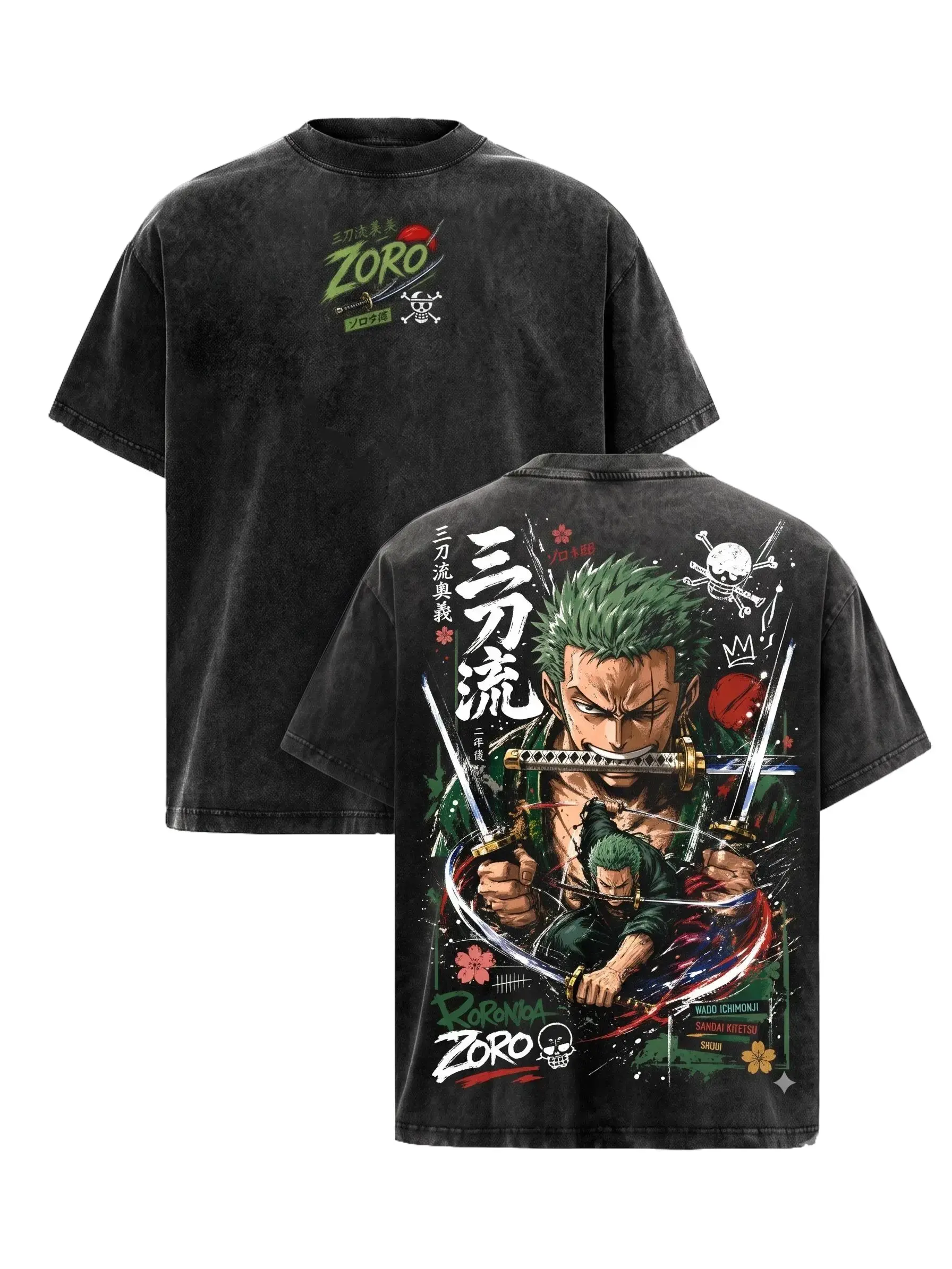 Men's Zoro Anime Graphic T-Shirt, Retro Classic Cotton Streetwear, Vintage Washed Relaxed Fit Tee for Summer Casual Wear, Machine Washable, Tshirt, Shortsleeve