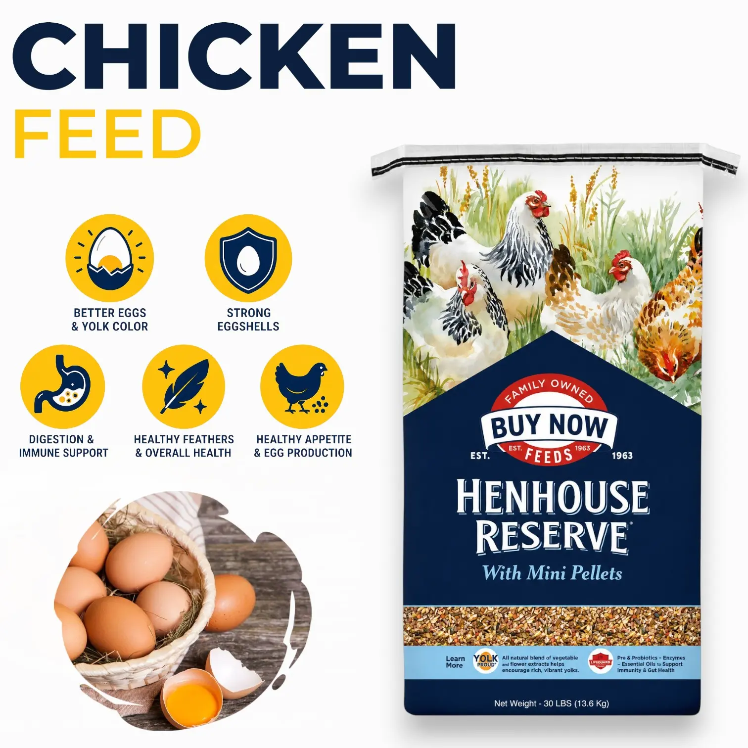 30 lb Whole Grain Layer Feed Bag for Adult Chickens - 18% Protein, Diatomaceous Earth, Salt, Oats, Magnesium Oxide, Lentils, Sunflower Seeds, Biotin, Sodium Bicarbonate for Strong Shells, Vibrant Egg Yolks