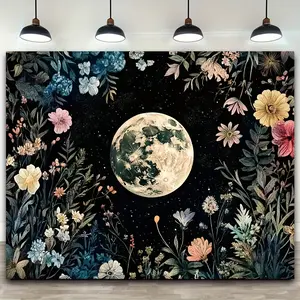 2D plan, 1 piece, gorgeous moonlight garden tapestry, colorful floral wall decoration, black background, suitable for Bohemian style room decoration