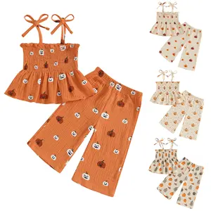 REDWOON Halloween Toddler Girl Outfit Pumpkin Smocked Tie-up Spaghetti Strap Tops Leg Pants Halloween Baby Girl Clothes