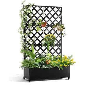 Gaomon Galvanized Metal Planter Box with Diamond Lattice Trellis Support - Raised Garden Bed on Wheels for Climbing Plants (72 in x 47 in Black)