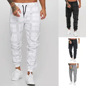 Men's casual pants with plaid 3D digital printing elastic ankle-length pants suitable for all seasons for daily wear versatile ankle-length