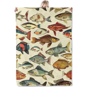 Colorful Fish Blanket, Vintage Fishing Theme Lightweight Flannel Throw with Ocean Freshwater Fishes,Nature Style Fisherman Home Living Room Decor,Gifts for Kids