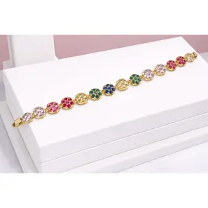 7.5” 14K Gold Plated Multi-Color Floral CZ Cluster Tennis Bracelet