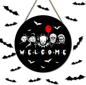 Halloween Door Sign Welcome Wooden Door Hanger Holiday Party Horror Decorating for Home Outdoor Indoor Decoration 12 x 12 inch（Black）